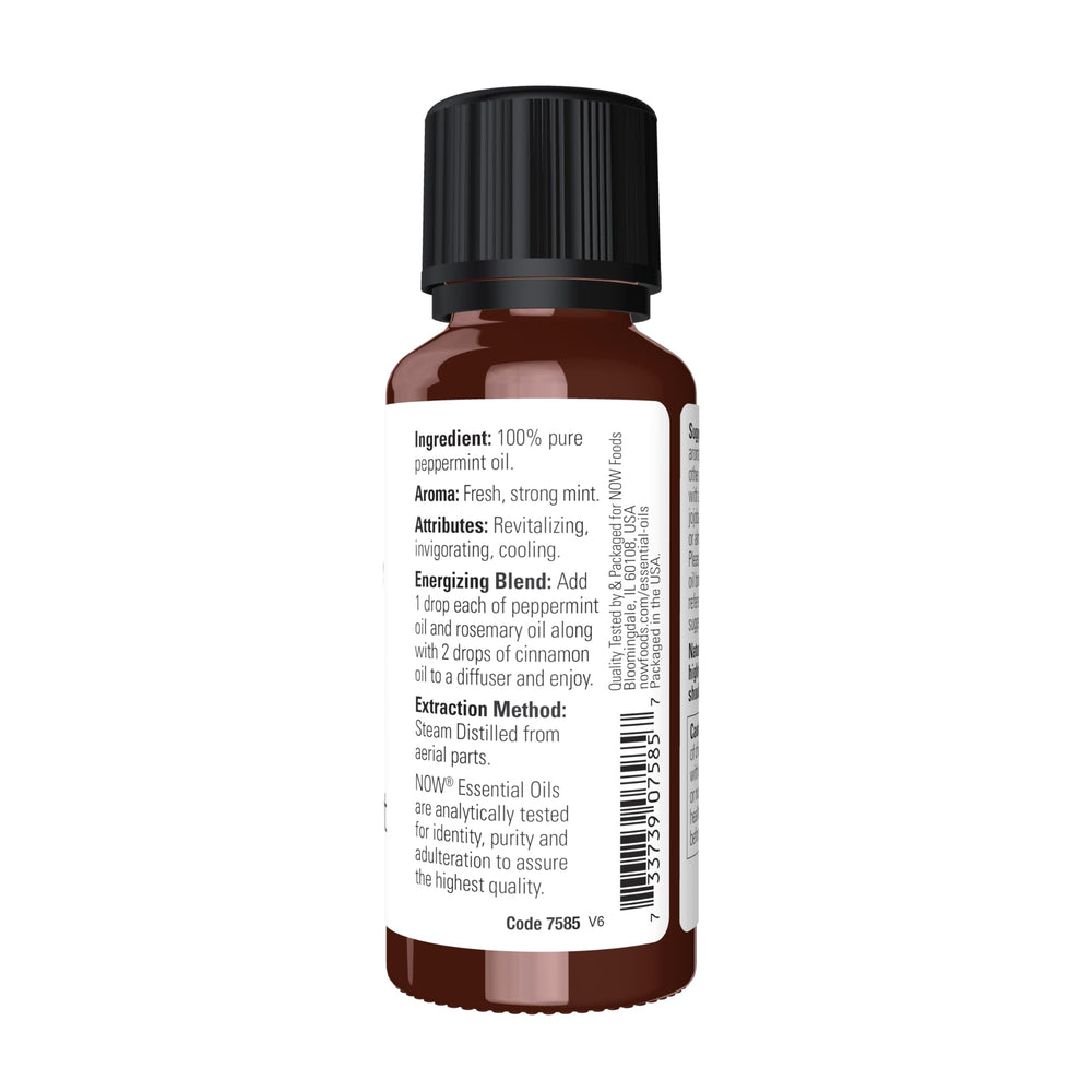NOW Foods Peppermint Oil label close-up showing purity and details