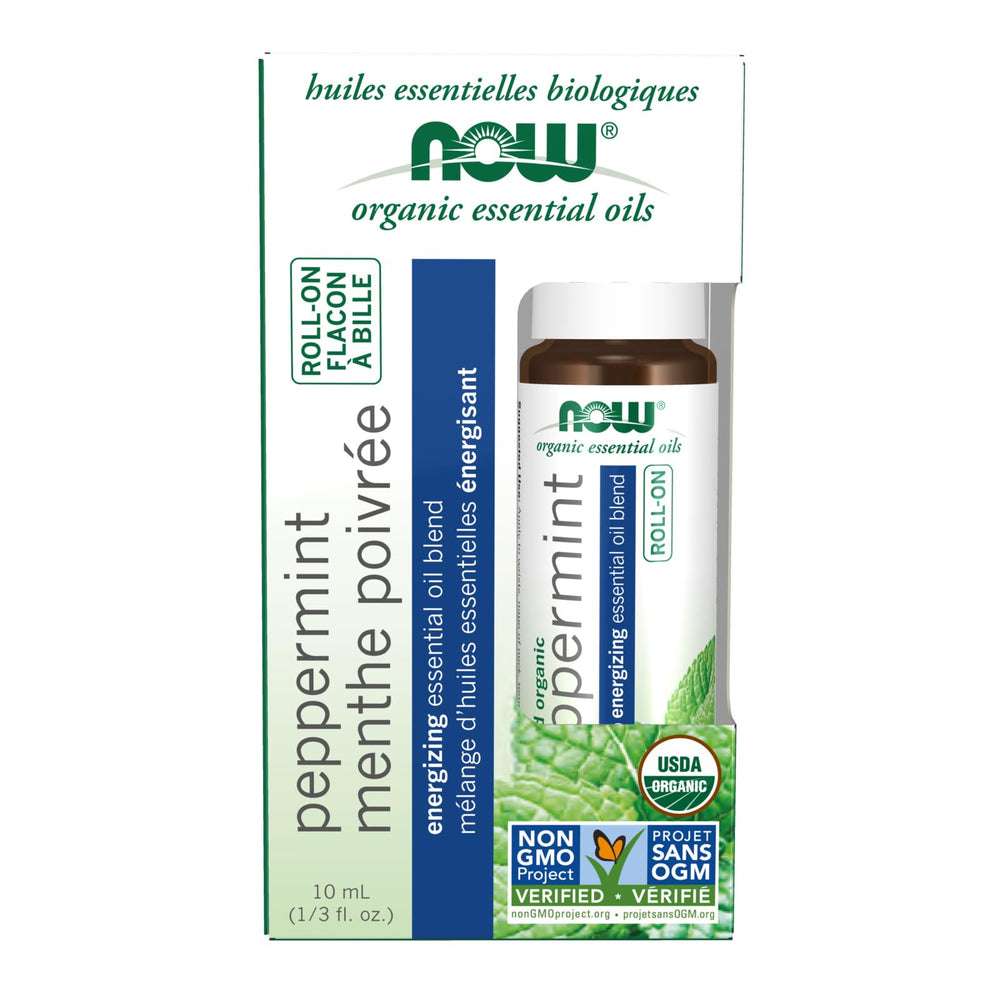 NOW Foods Peppermint Roll-On bottle front for portable energizing aromatherapy.