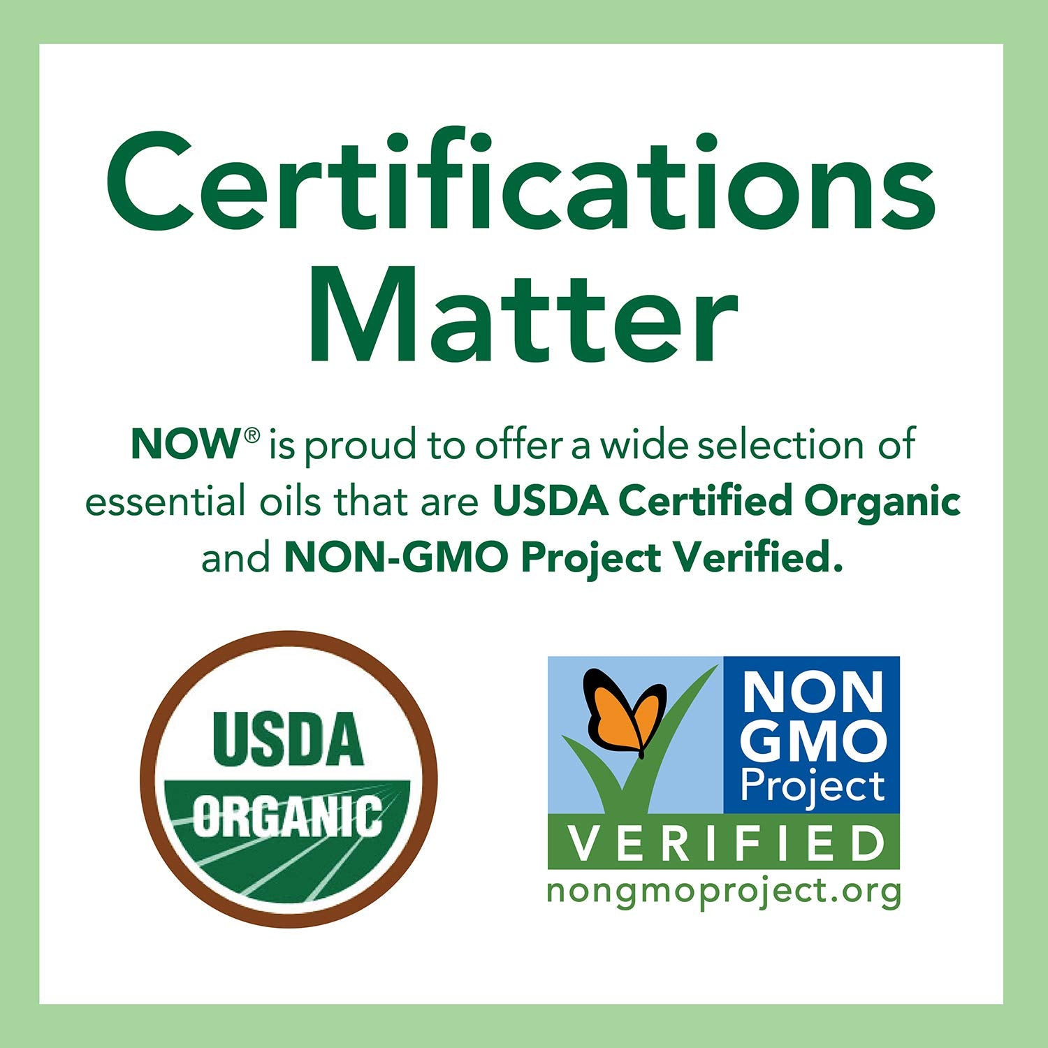 NOW Foods Peppermint Roll-On certifications image highlights USDA Organic and Non-GMO status.