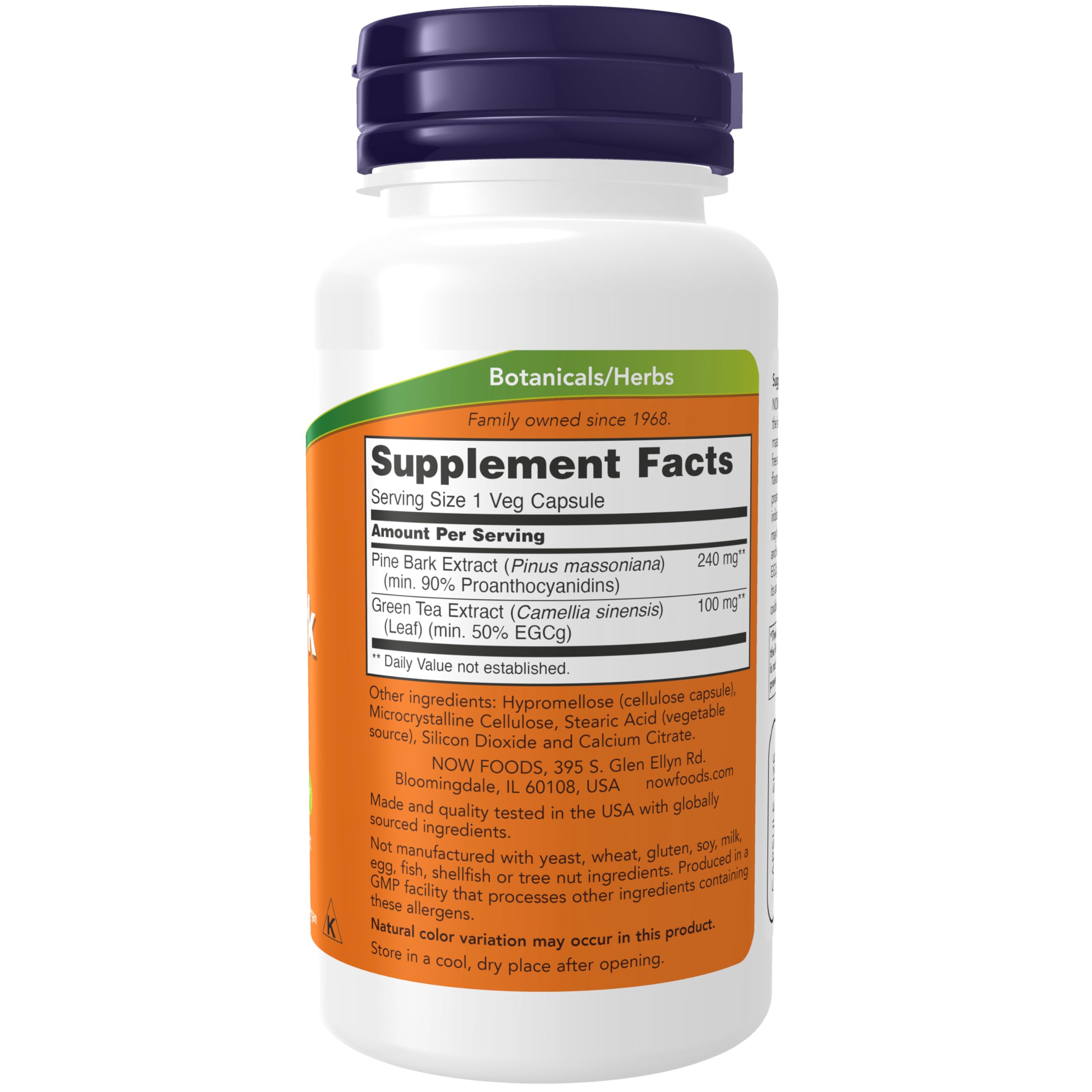 NOW Foods Pine Bark Extract bottle closeup showing 90% OPC content and clarity