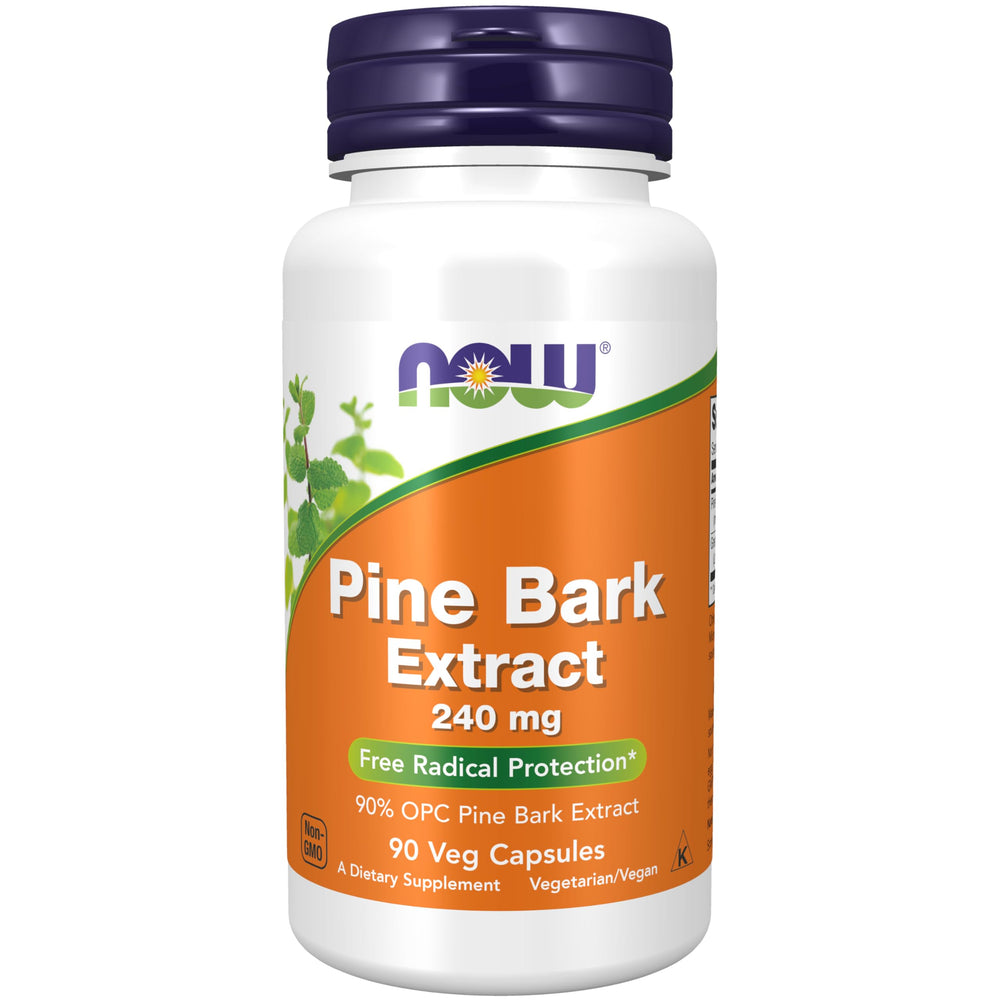 NOW Foods Pine Bark Extract capsules front view highlighting antioxidant support for vegans