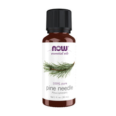 NOW Foods Pine Needle Oil bottle closeup, pure aromatherapy for a refreshing space.