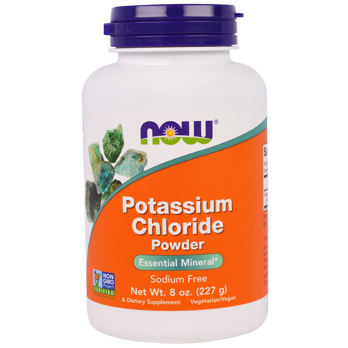 NOW Foods potassium chloride powder bottle for use as table salt substitute in cooking