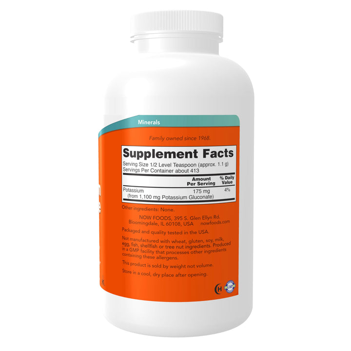 NOW Foods potassium gluconate powder scoop highlighting easy daily use.