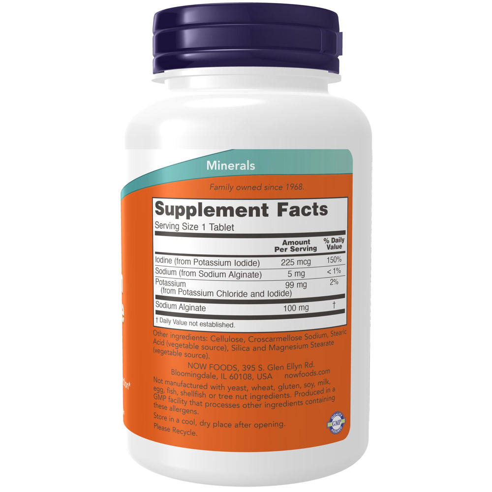 Close-up of NOW Foods Potassium plus Iodine tablets.