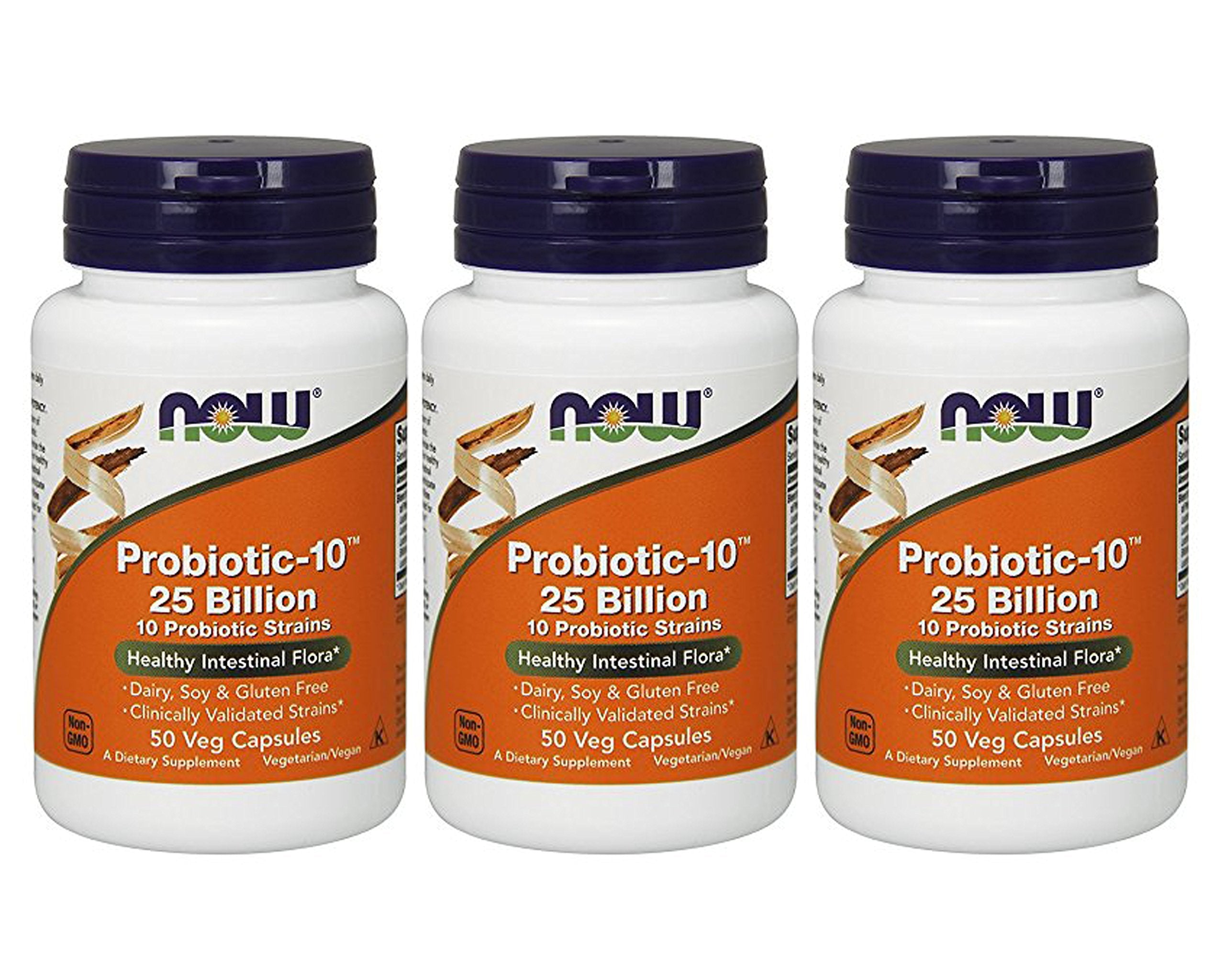NOW Foods Probiotic-10 bottle packaging with 25 billion CFU for digestive support.