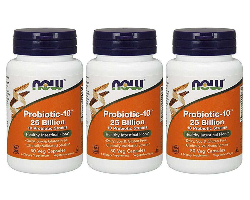 NOW Foods Probiotic-10 bottle packaging with 25 billion CFU for digestive support.
