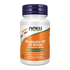 NOW Foods Probiotic-10 bottle label highlighting 50B CFU for daily gut balance.