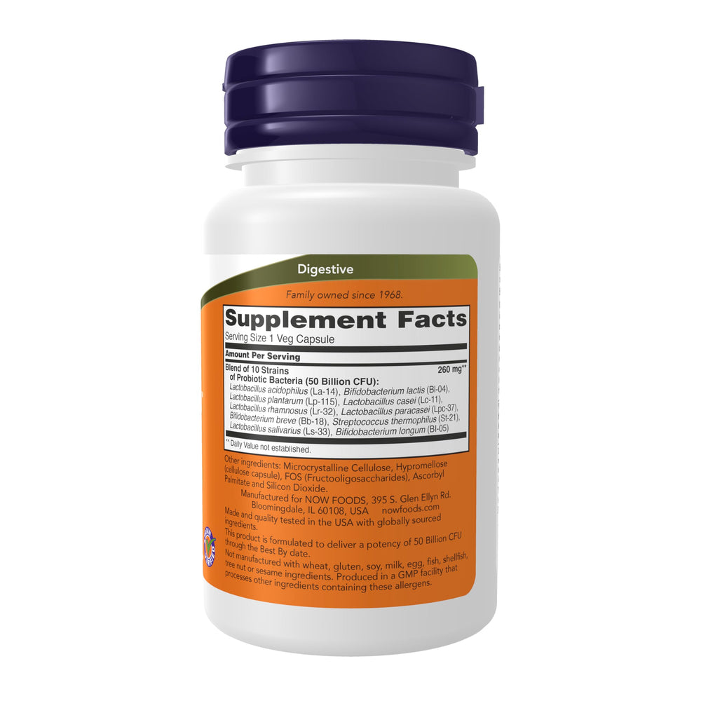 NOW Foods Probiotic-10 capsules close-up for convenient daily gut health.