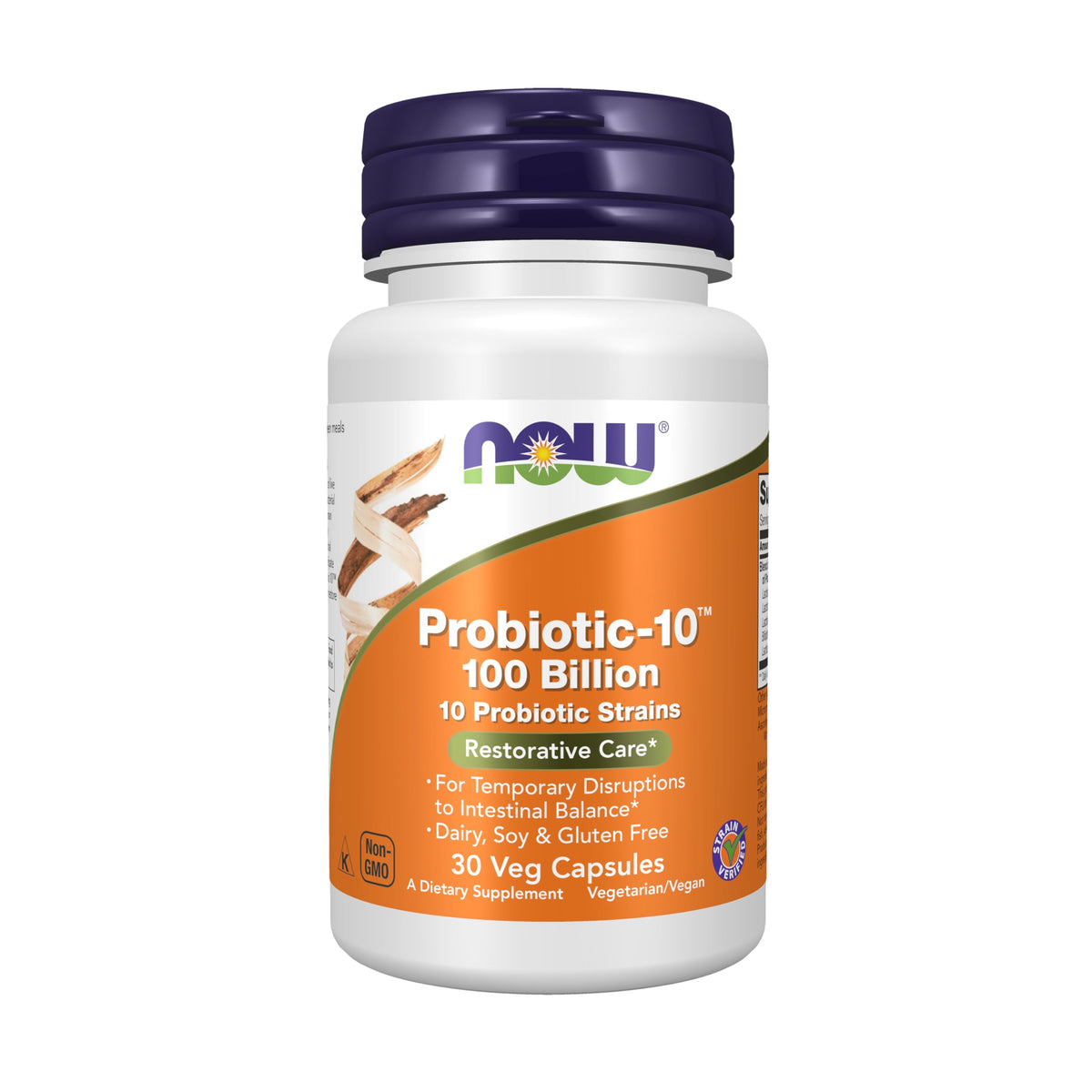 NOW Foods Probiotic-10 bottle front view showing a potent 100 billion CFU formulation