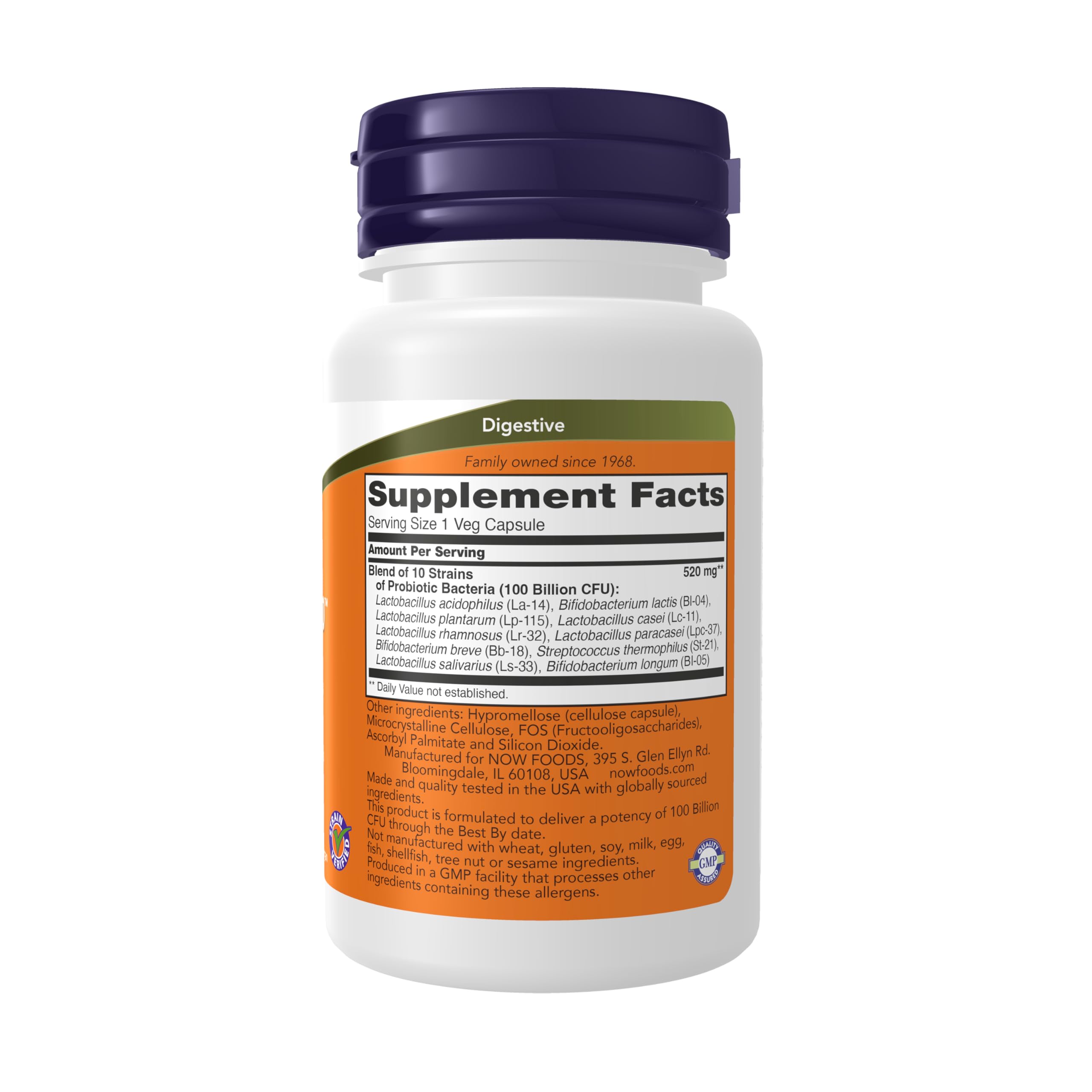 NOW Foods Probiotic-10 label close-up highlighting ten probiotic strains