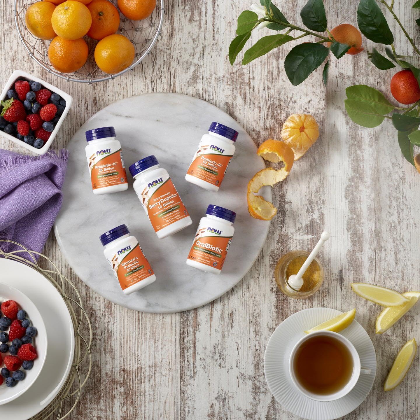 NOW Foods Probiotic-10 non-GMO badge on packaging for integrity.