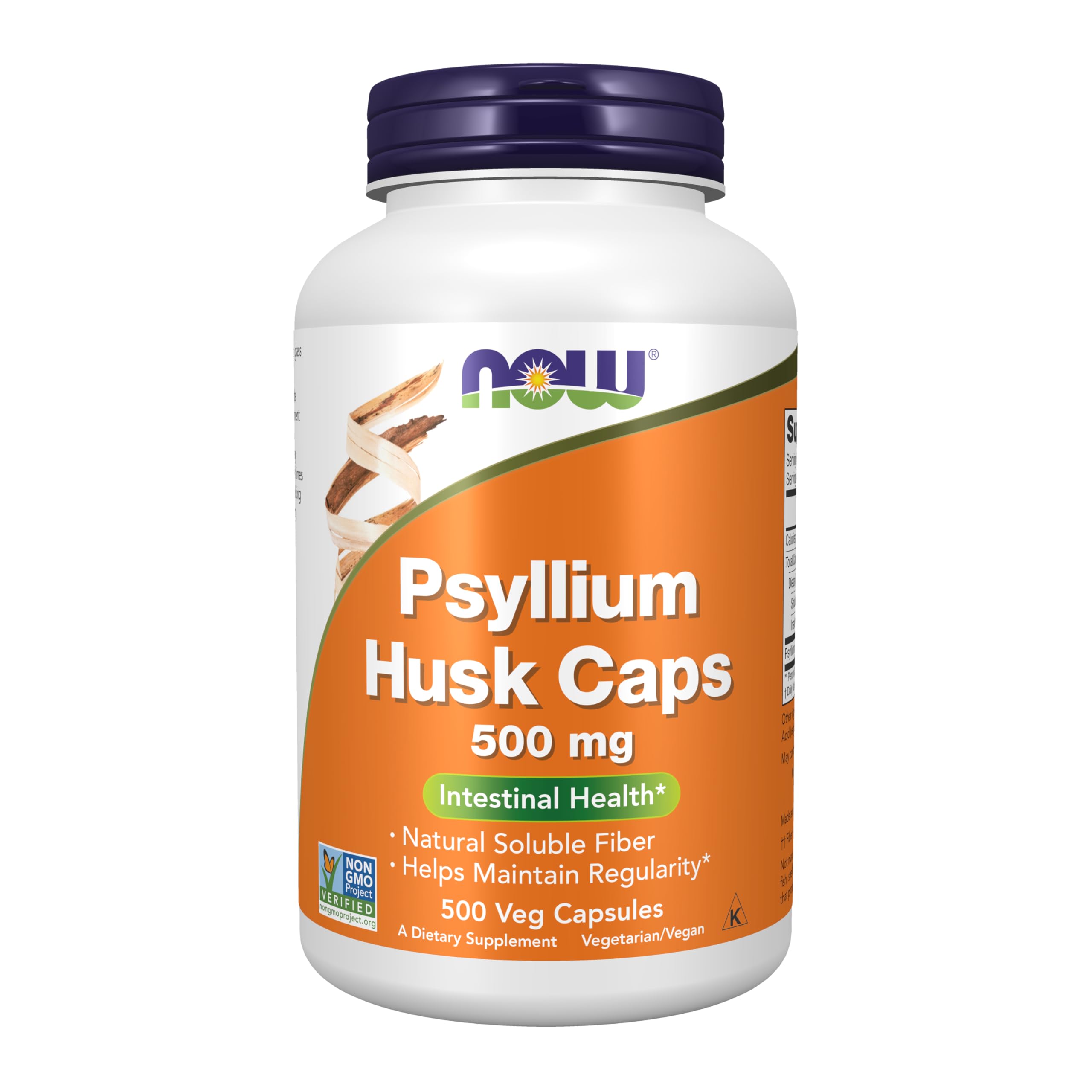 NOW Foods Psyllium Husk Caps 500 mg bottle showing soluble fiber capsules.