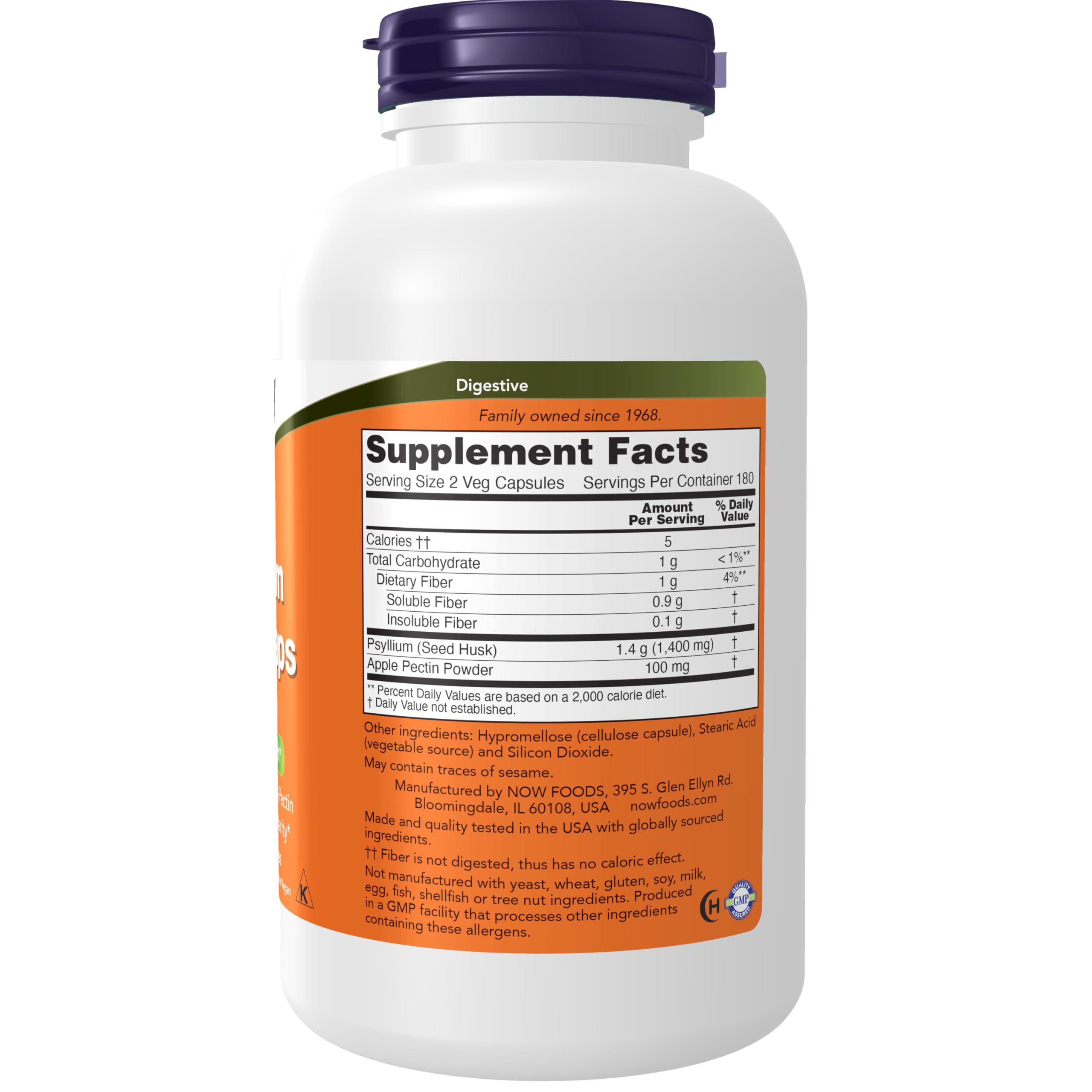NOW Foods Psyllium Husk Caps with Apple Pectin image highlights added fiber variety.