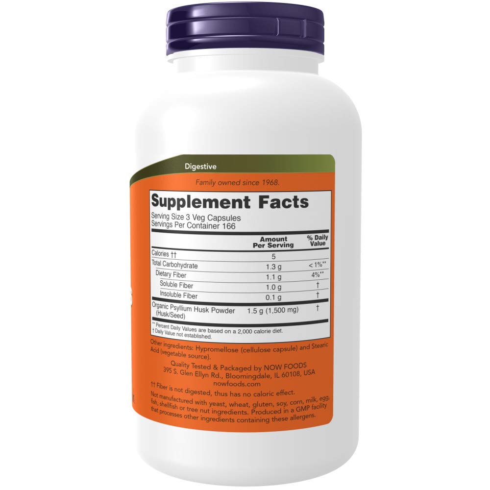 NOW Foods Psyllium Husk capsules close-up showing smooth, swallowable texture for bulking.