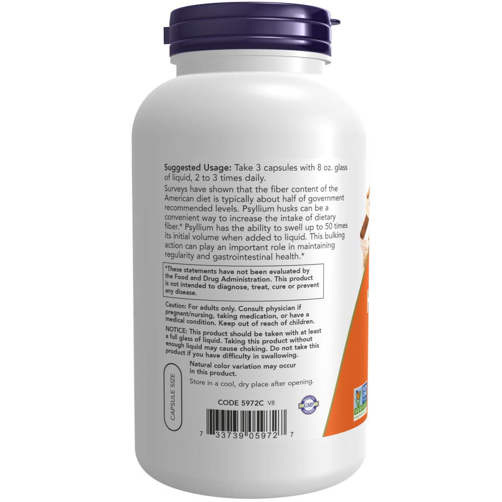 NOW Foods Psyllium Husk label highlights 500 mg per capsule and vegan status.