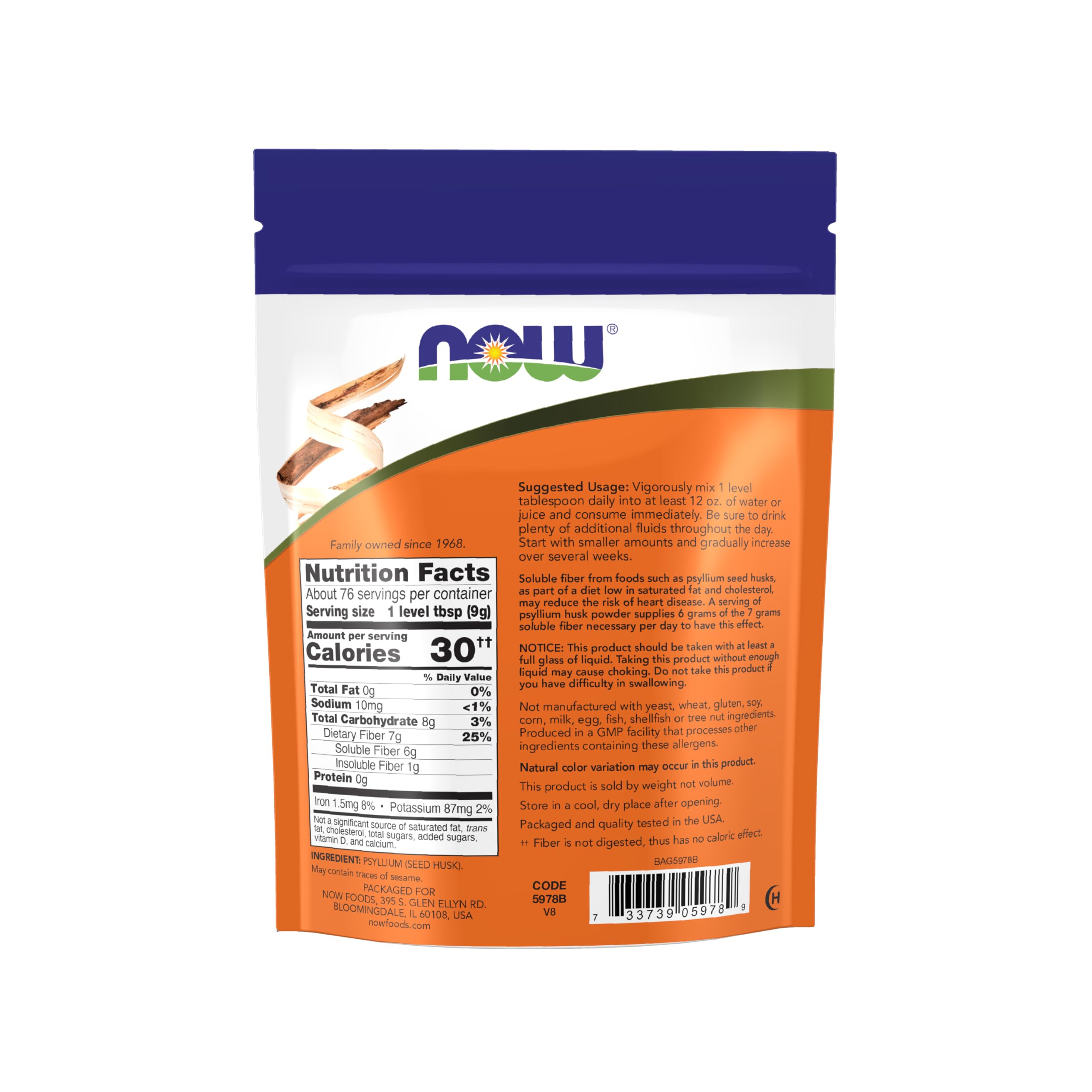 NOW Foods psyllium husk powder jar with scoop shows 6 g soluble fiber per serving.