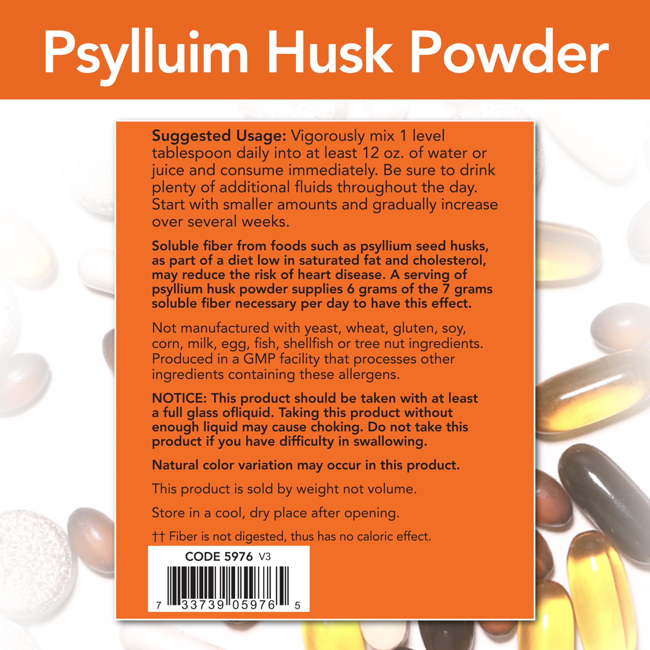 NOW Foods Psyllium Husk Powder measuring spoon shows the recommended daily serving.