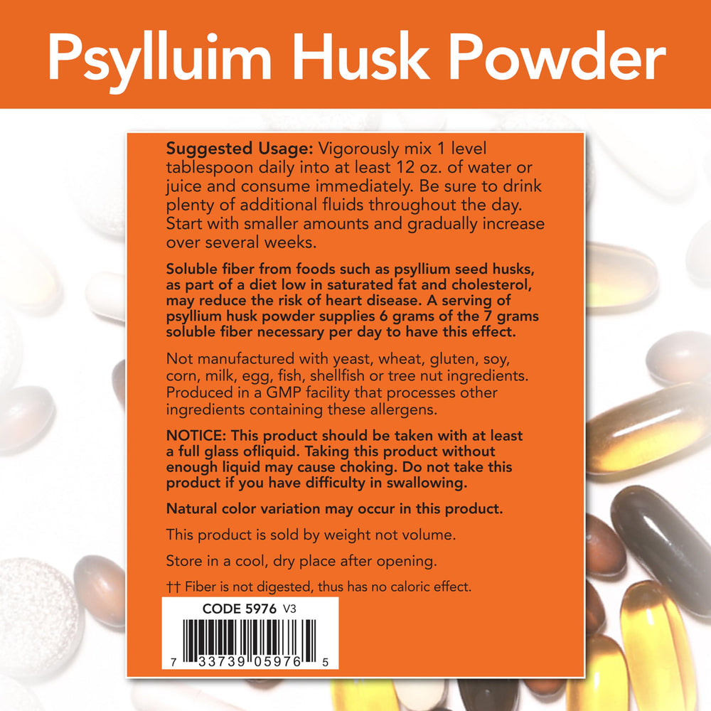 NOW Foods Psyllium Husk Powder measuring spoon shows the recommended daily serving.
