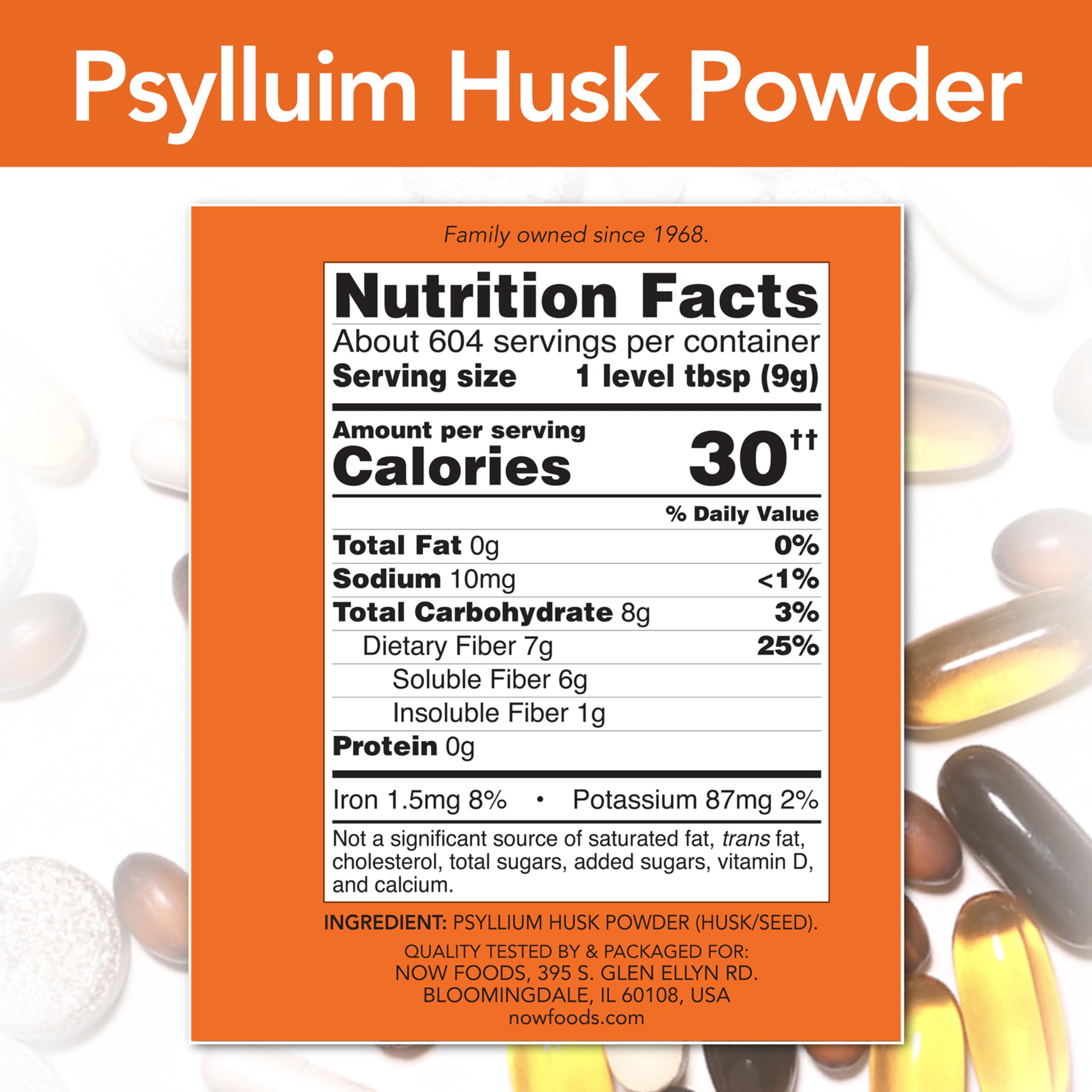 NOW Foods Psyllium Husk Powder texture close-up highlights fiber-rich powder.