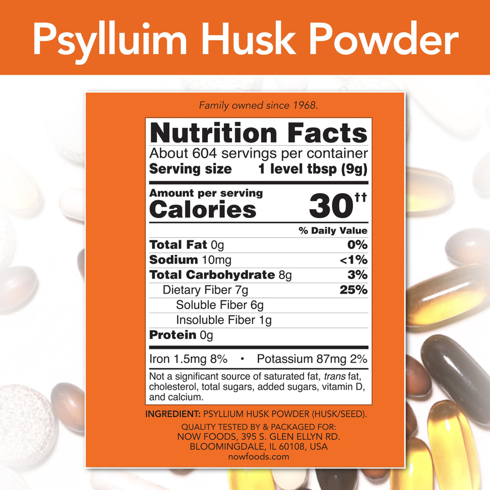 NOW Foods Psyllium Husk Powder texture close-up highlights fiber-rich powder.