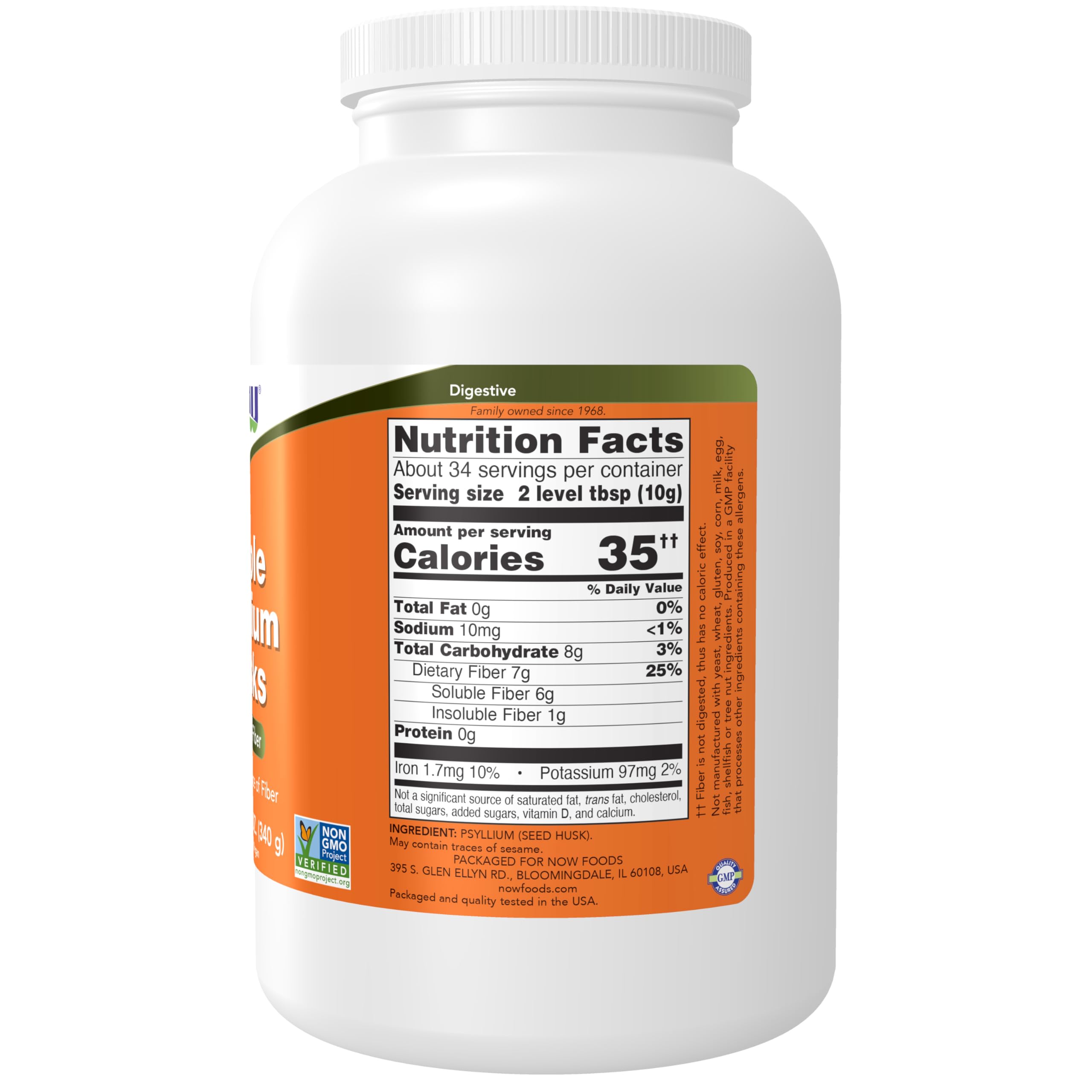 NOW Foods psyllium husks granule label emphasizes high fiber per serving for heart-healthy routines.