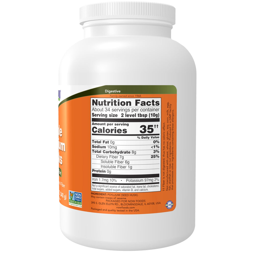 NOW Foods psyllium husks granule label emphasizes high fiber per serving for heart-healthy routines.