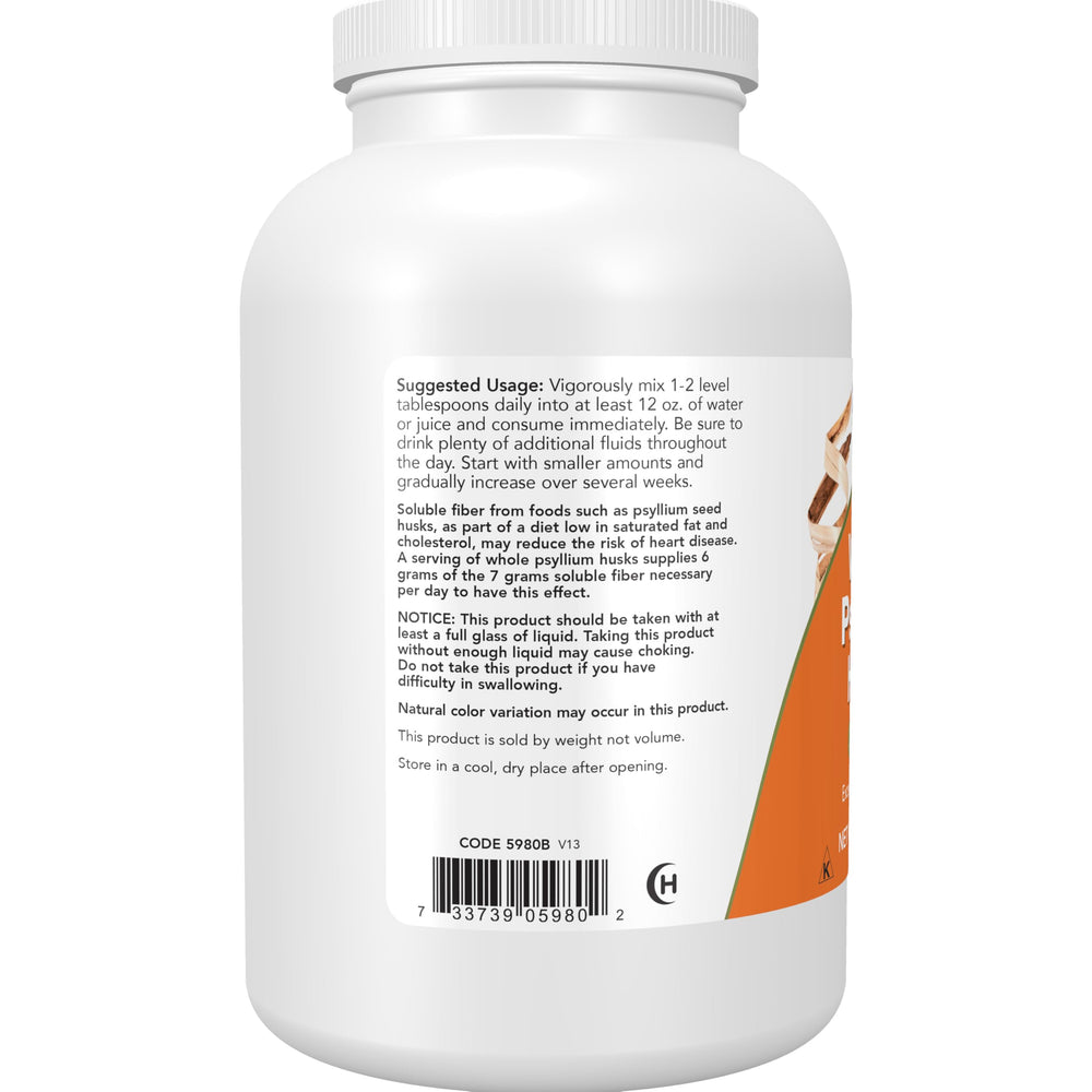 NOW Foods psyllium husks granule scoop shows easy mixing into beverages.
