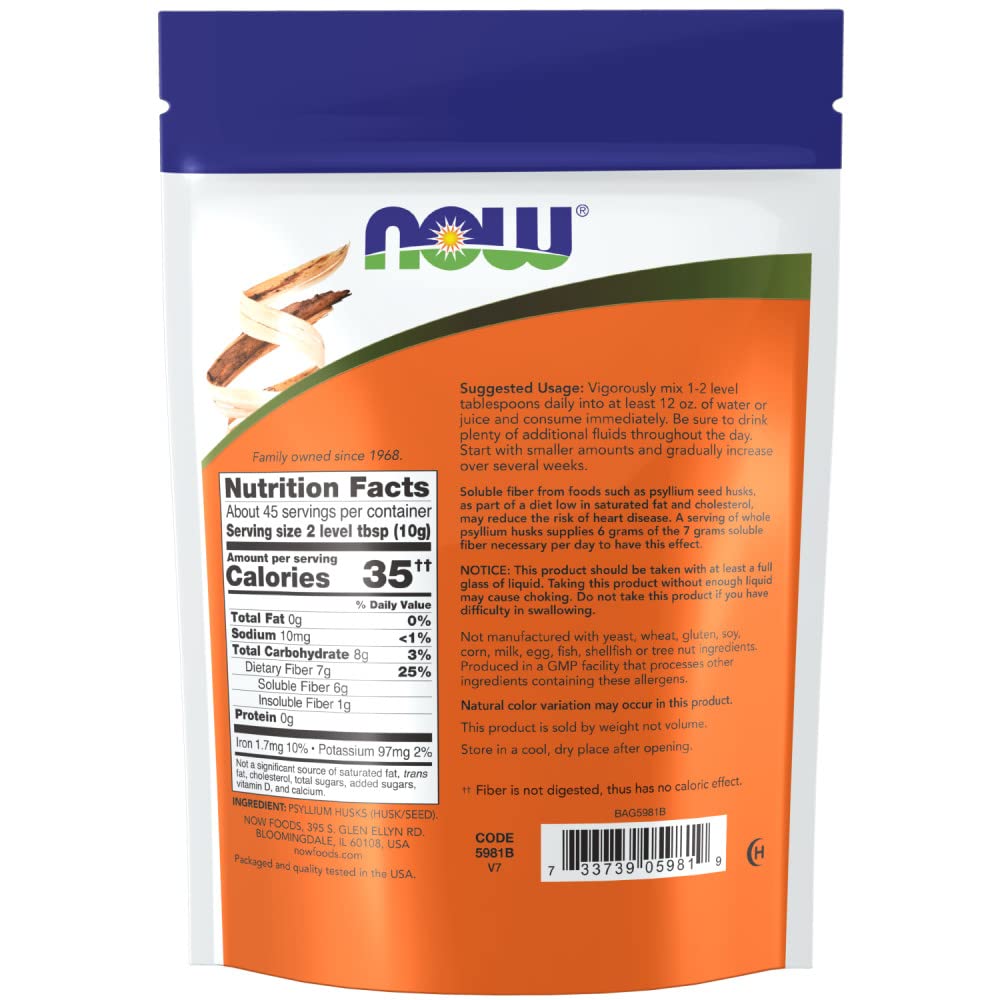 NOW Foods Psyllium Husk Whole label close-up highlights dietary fiber per serving