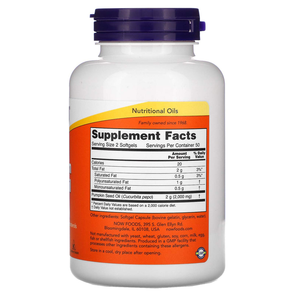 NOW Foods pumpkin seed oil bottle scene highlighting non-GMO origin