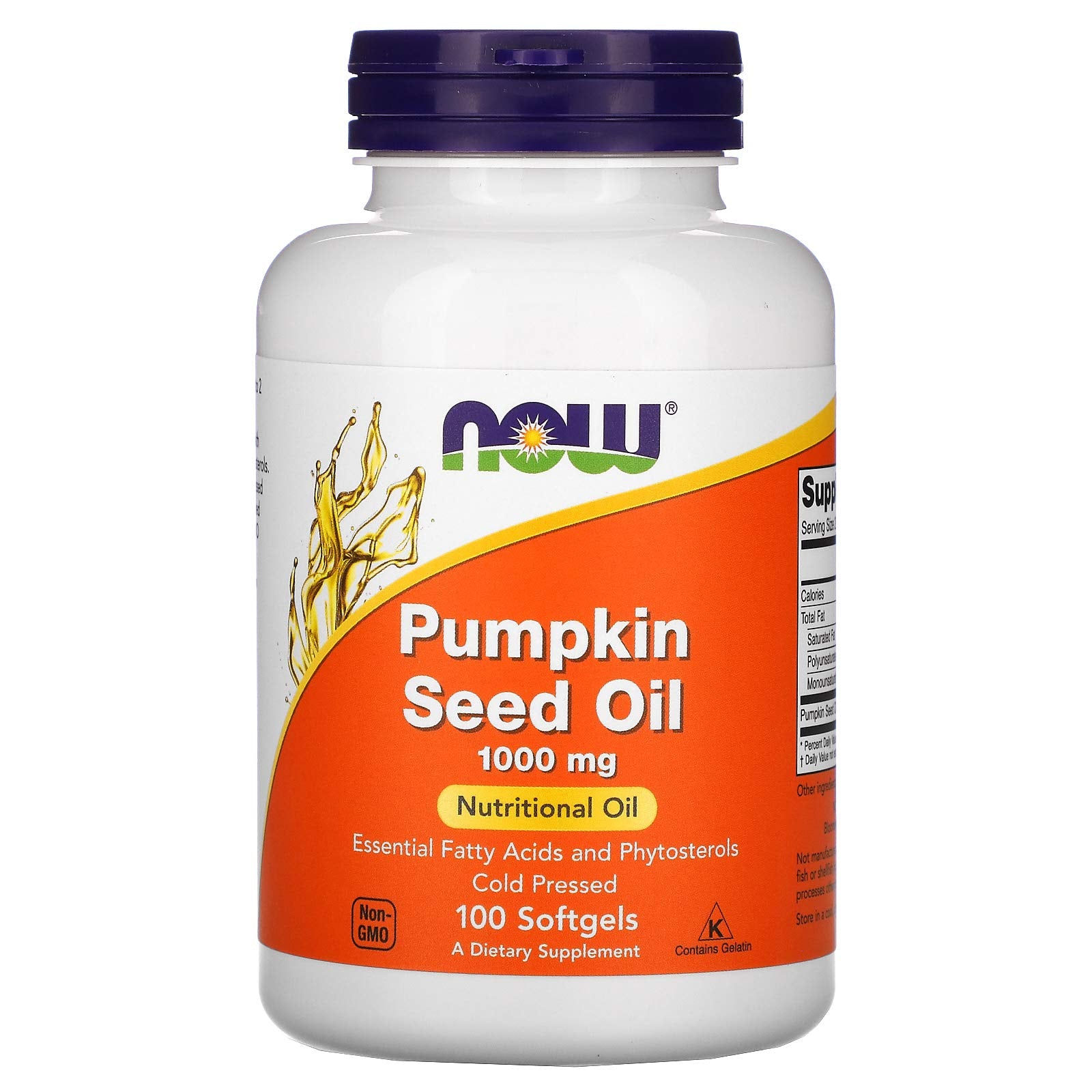 NOW pumpkin seed oil softgel capsule with label detail for convenient use
