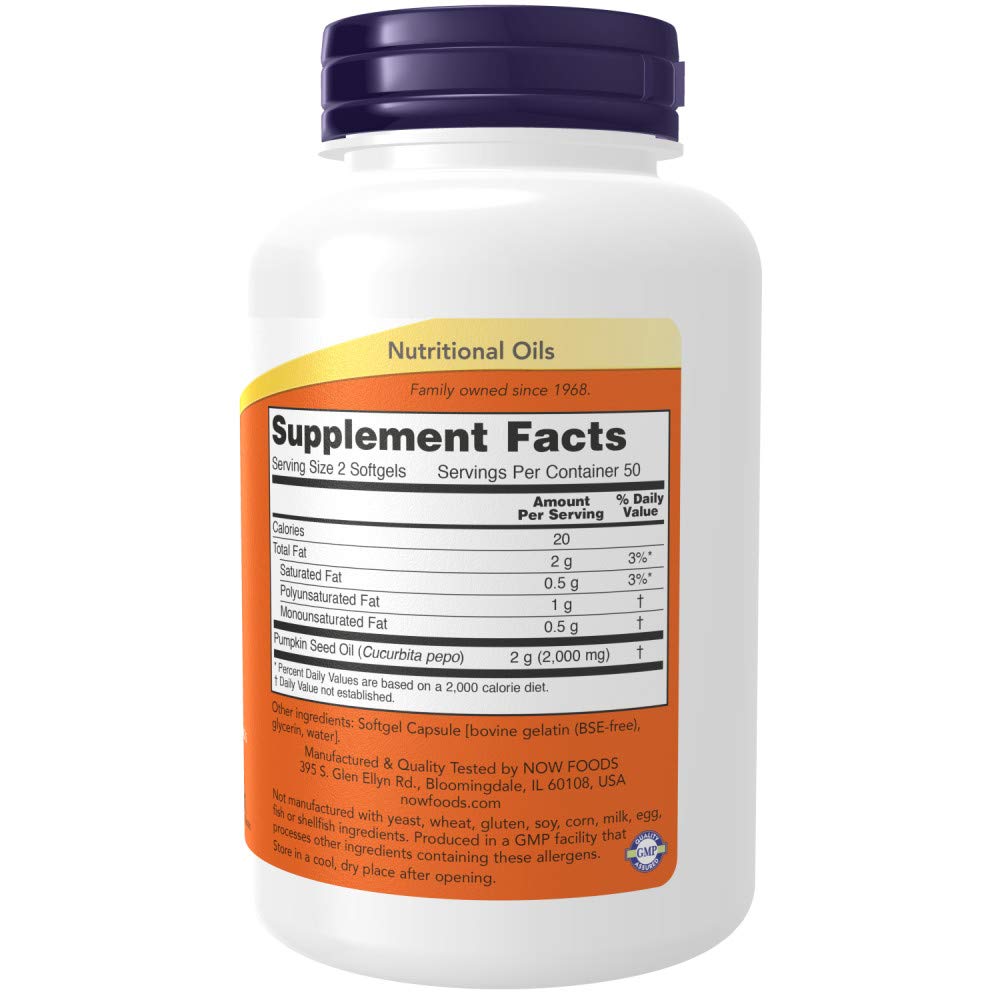 NOW Foods Pumpkin Seed Oil softgels bottle cap close-up for quick daily dosing