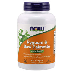 NOW Foods Pygeum & Saw Palmetto softgels bottle for urinary support.