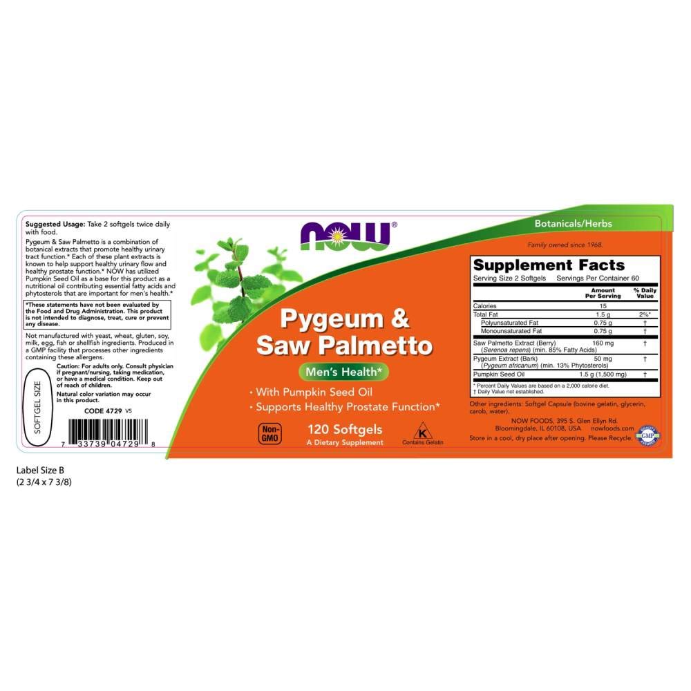 NOW Foods Pygeum & Saw Palmetto label highlighting prostate health.
