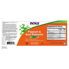 NOW Foods Pygeum & Saw Palmetto label highlighting prostate health.