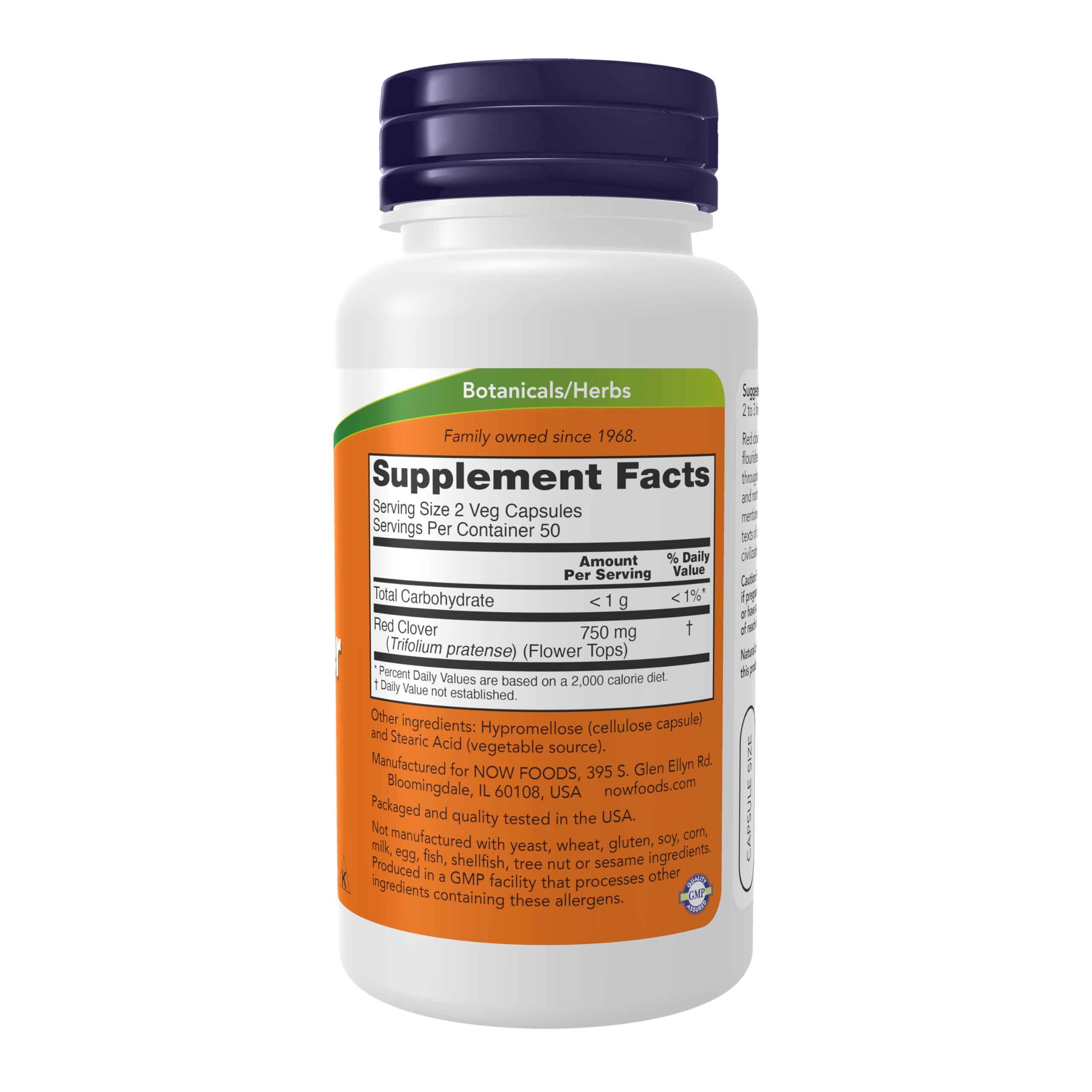 NOW Foods Red Clover label close-up shows 375 mg per capsule.