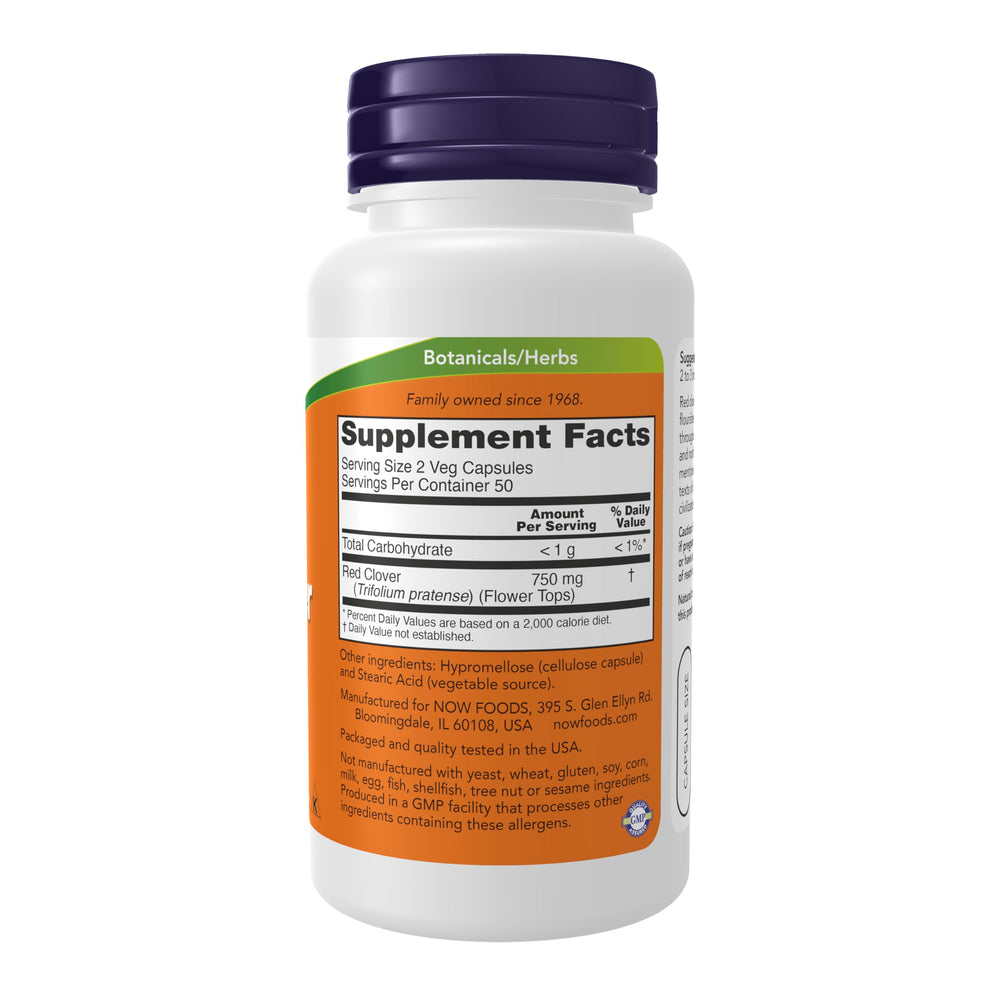 NOW Foods Red Clover label close-up shows 375 mg per capsule.