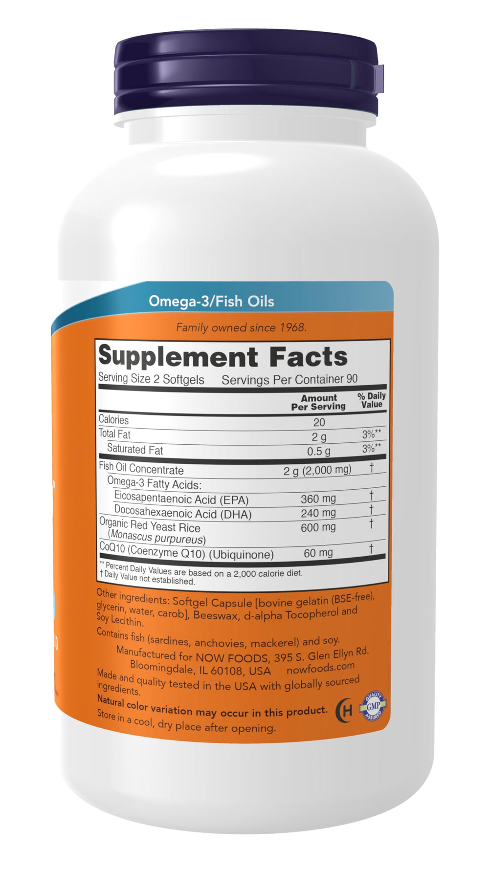 NOW Foods Red Omega bottle label highlighting CoQ10 and omega-3 benefits