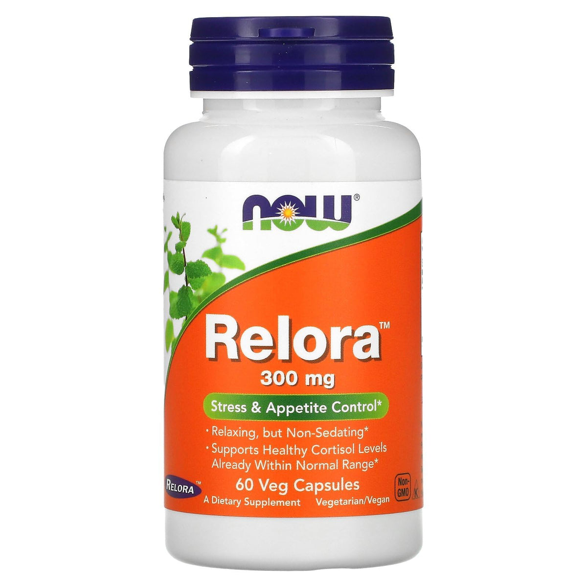NOW Foods Relora bottle front view highlighting stress and appetite support.