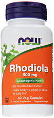 NOW Foods Rhodiola Rosea 500mg bottle close-up, supporting balanced energy and focus.