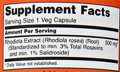 NOW Foods Rhodiola Rosea packaging label emphasizing GMP quality.