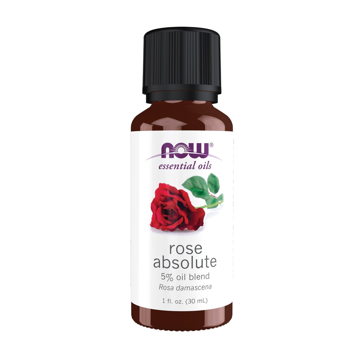 NOW Foods Rose Absolute oil bottle showing rose-based aroma in a jojoba carrier