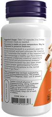 NOW Foods Saccharomyces boulardii bottle label close-up showing vegan capsule info