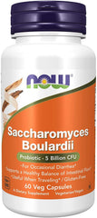 NOW Foods Saccharomyces boulardii bottle pouring capsules into a hand