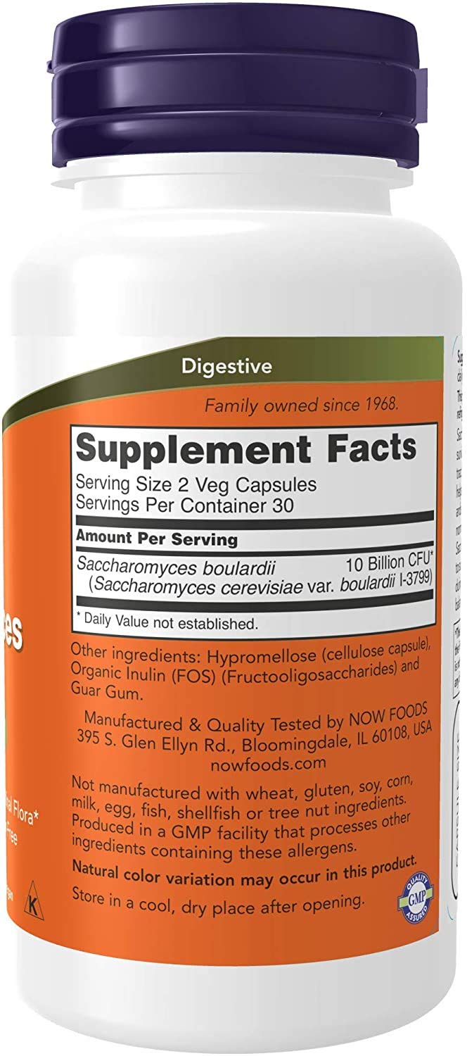 NOW Foods Saccharomyces boulardii capsules back view highlighting label details
