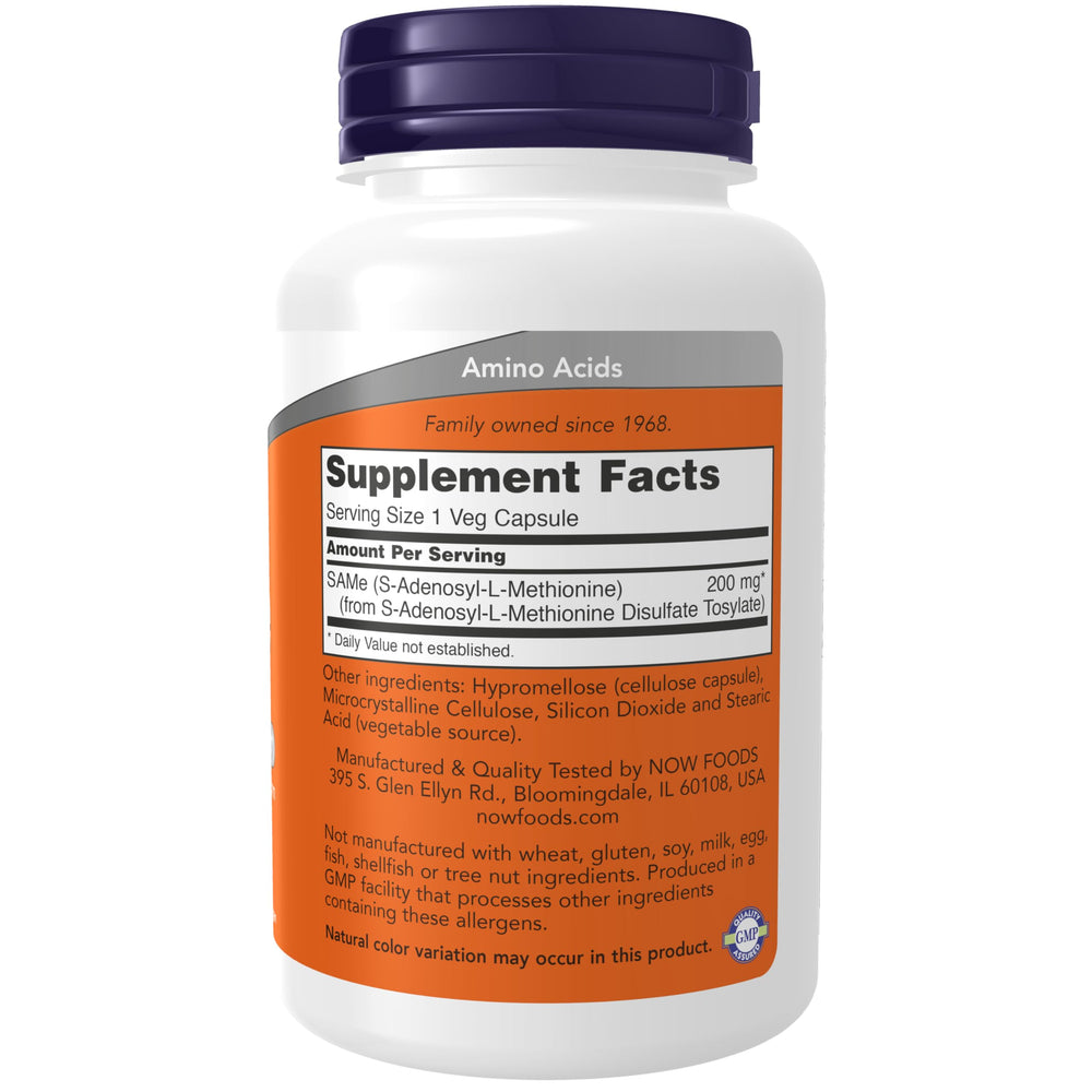Close-up of NOW Foods SAMe bottle pouring capsules for easy daily use.