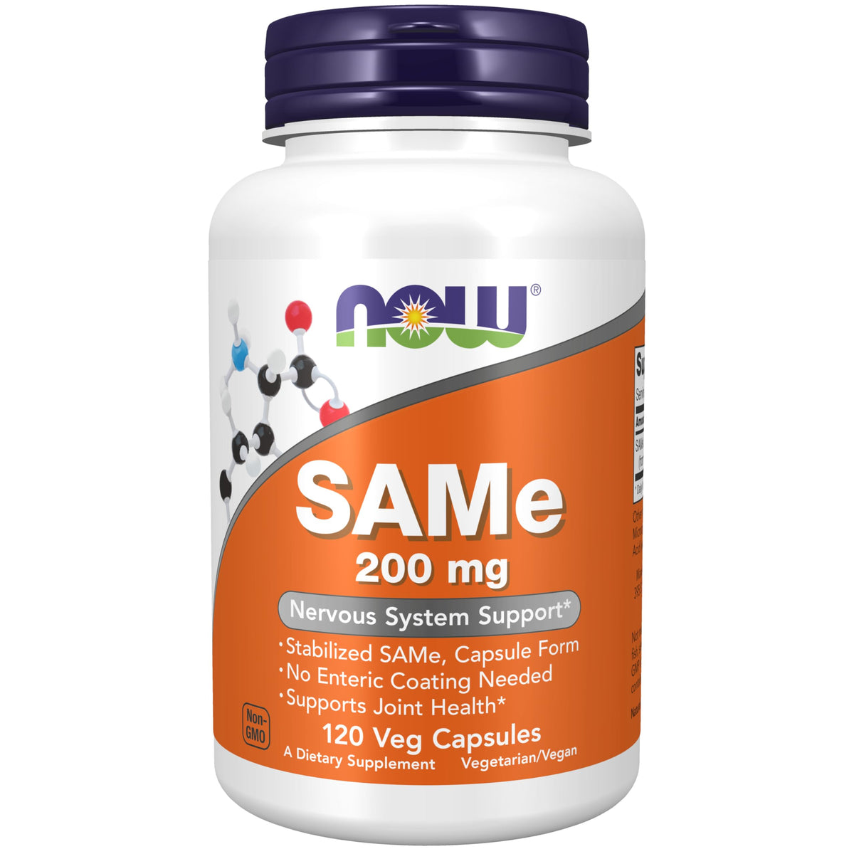NOW Foods SAMe stabilized capsules on bottle cap suggest potential joint health support.