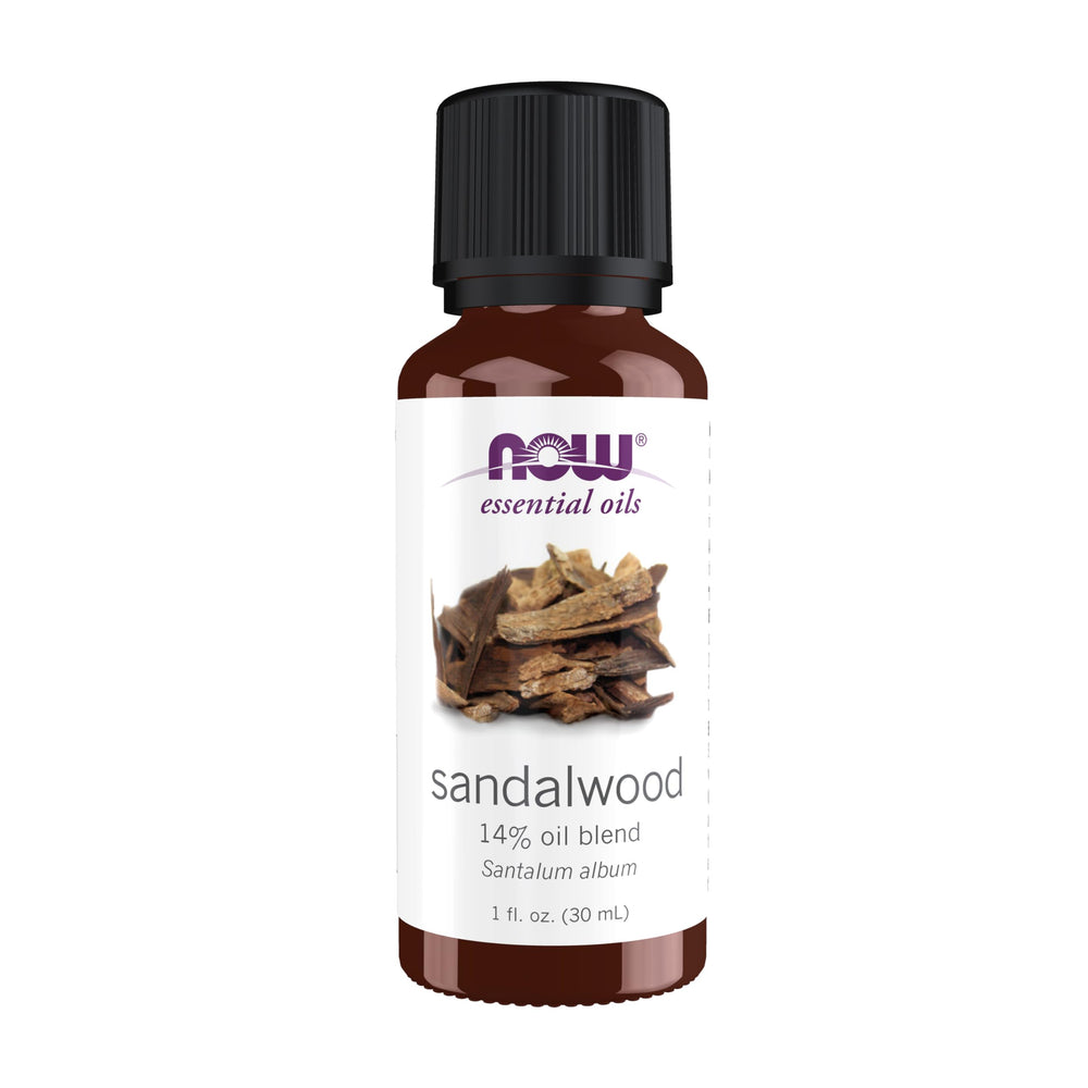 NOW Foods sandalwood oil 1oz bottle for grounding aromatherapy.