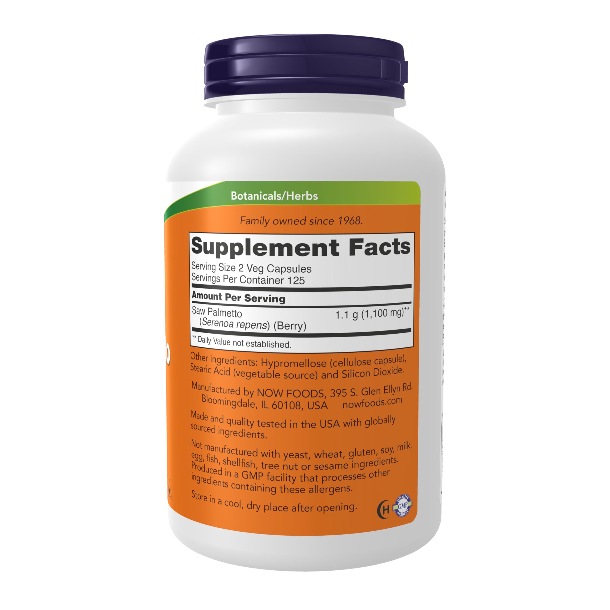 NOW Foods Saw Palmetto Berries bottle back lists ingredients and prostate support properties.