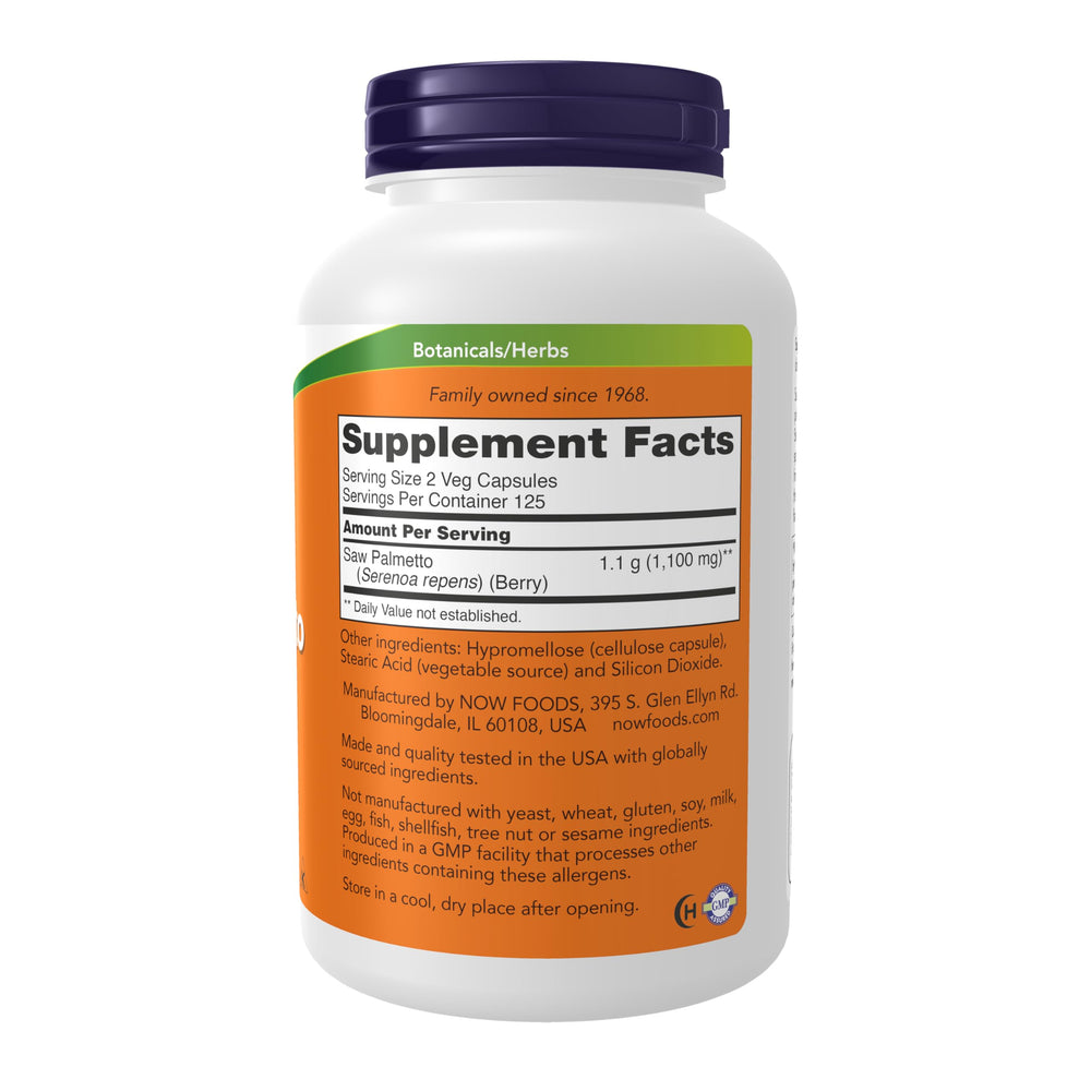 NOW Foods Saw Palmetto Berries bottle back lists ingredients and prostate support properties.